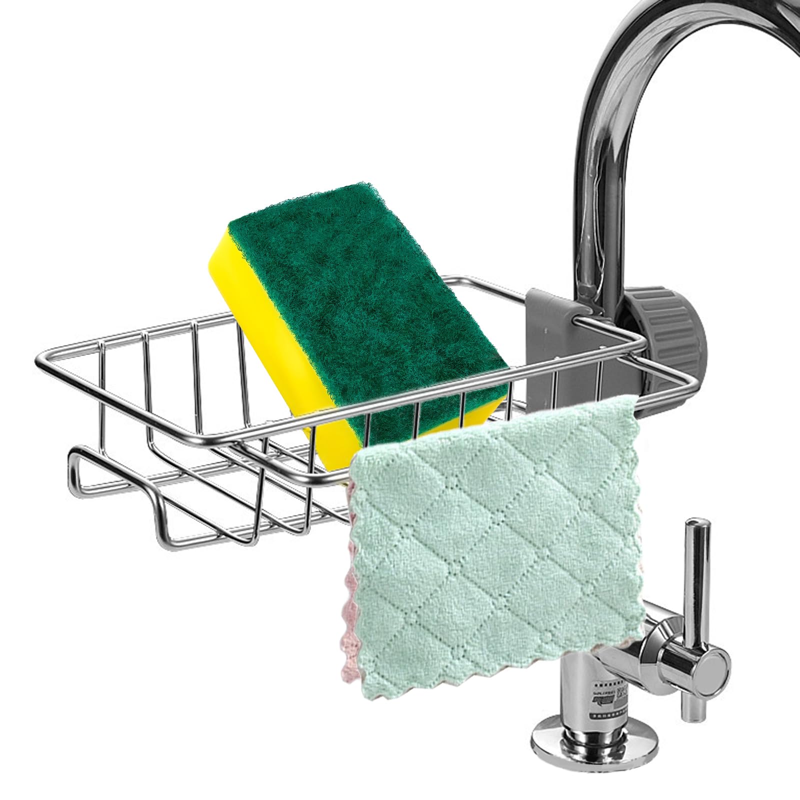 hautllaif Sponge Holder for Kitchen Sink，3-in-1 Drain Rack Storage Holder Shelf Sponge Soap Cloth Holder for Kitchen Sink Faucet,with Microfiber Sponge and Dish Towel