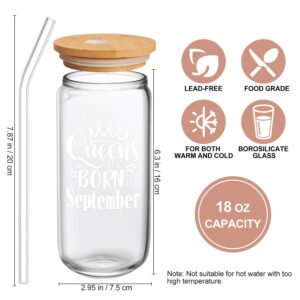 Birthday Gifts for Women, Funny Happy Birthday Glass Cup Tumbler for her, Girlfriend, Friends, Wife, Mom, Bestie, Daughter, Sister, 18oz Clear Can Glass with Straw & Lid, Queens are Born in September