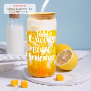 Birthday Gifts for Women, Funny Happy Birthday Glass Cup Tumbler for her, Girlfriend, Friends, Wife, Mom, Bestie, Daughter, Sister, 18oz Clear Can Glass with Straw & Lid, Queens are Born in September