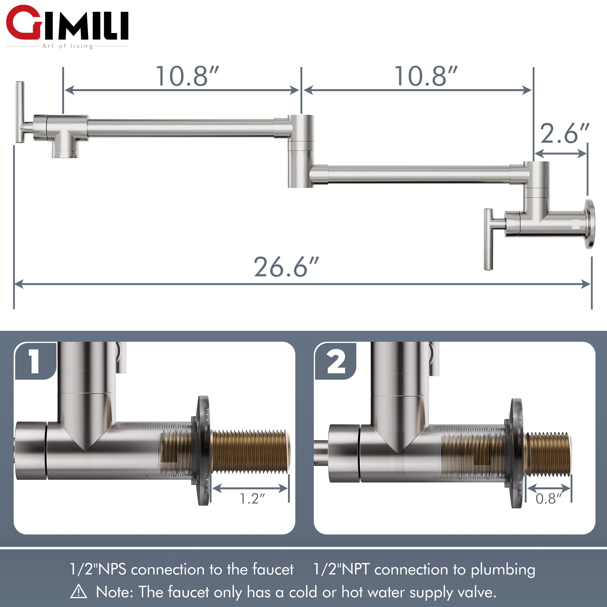 GIMILI Pot Filler Faucet Brushed Nickel Commercial Wall Mount Faucet Brass Pot Filler Brushed Nickel Folding Faucet Stretchable Double Joint Swing Arm Pot Filler Copper Rotatable Wall Faucet