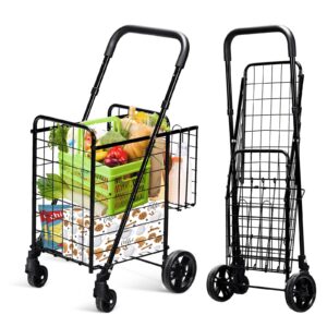 ironmax grocery shopping cart, foldable heavy duty utility cart w/adjustable handle, extra basket & 360° rolling swivel wheels, lightweight trolley cart for grocery laundry luggage (black)