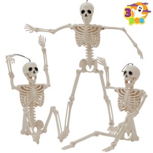 joyin 3 pcs halloween hanging skeletons 16" full body posable joints movable plastic bones for halloween party outdoor indoor decor, yard patio lawn garden props decorations