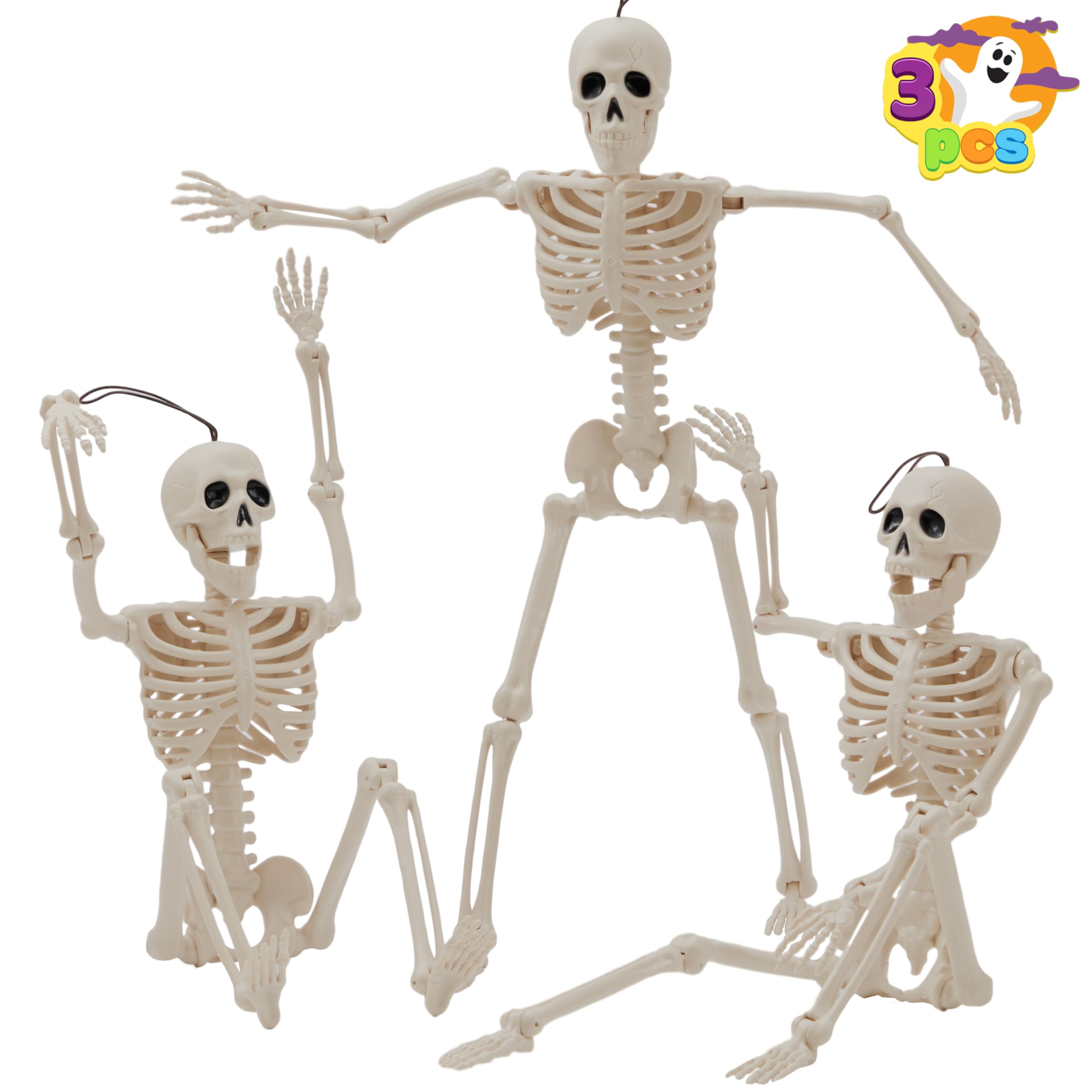 JOYIN 3 PCS Halloween Hanging Skeletons 16" Full Body Posable Joints Movable Plastic Bones for Halloween Party Outdoor Indoor Decor, Yard Patio Lawn Garden Props Decorations