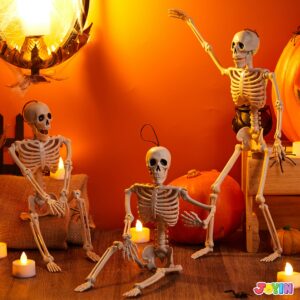 JOYIN 3 PCS Halloween Hanging Skeletons 16" Full Body Posable Joints Movable Plastic Bones for Halloween Party Outdoor Indoor Decor, Yard Patio Lawn Garden Props Decorations