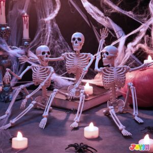 JOYIN 3 PCS Halloween Hanging Skeletons 16" Full Body Posable Joints Movable Plastic Bones for Halloween Party Outdoor Indoor Decor, Yard Patio Lawn Garden Props Decorations