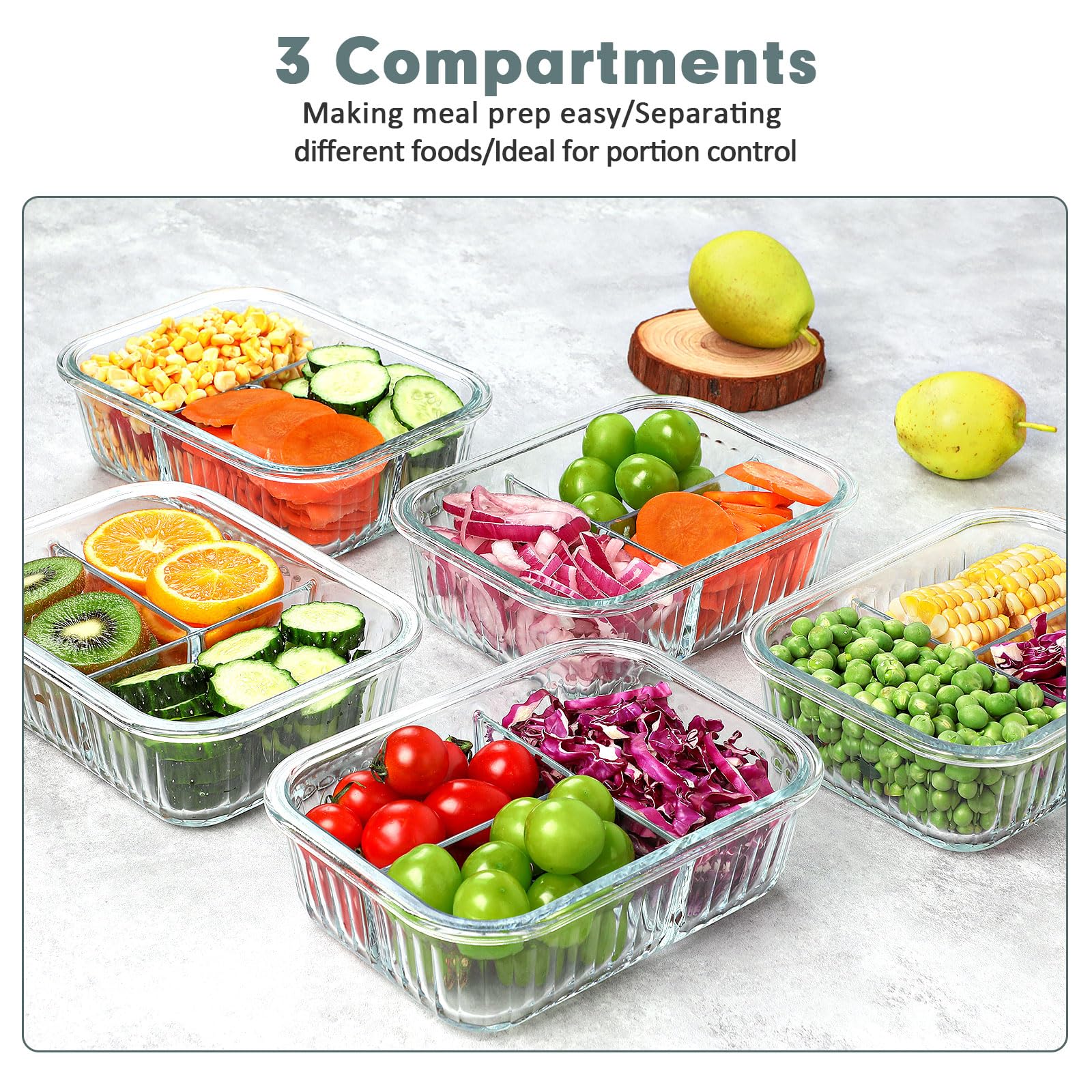 KOMUEE Glass Meal Prep Containers 3 Compartment with lids, 5 Pack 36 oz, Airtight Food Storage Glass Lunch Bento Box, Dishwasher and Microwave Safe,Gray