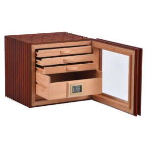 hecai sapele wood cabinet with 1 larger drawer+3 cedar trays 1 humidifiers digital hygrometer for 50-55 capacity gifts for men-small