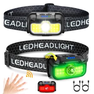 Favorlite Headlamp Rechargeable, 2 Pack 1300 Lumen Lightweight Bright with White Green Red Headlamp Flashlight, Waterproof Motion Sensor Head Lamp,14 Modes for Outdoor Camping Running Cycling