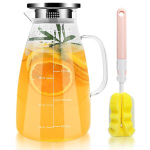 glass pitcher with lid and handle,68 oz glass water jug with spout for cold&hot drinks - heat resistant borosilicate crystal clear glass carafe for sangria, coffee, brewed tea, juice, and beverage