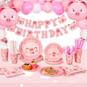 Lenwen Pig Birthday Decorations Pig Party Favors Include Pig Tableware Set Pig Farm Animal Birthday Banner Piggy Latex Balloons Pigs Themed Dinnerware Pink Pig Table Cloths for Kitchen Home Kids