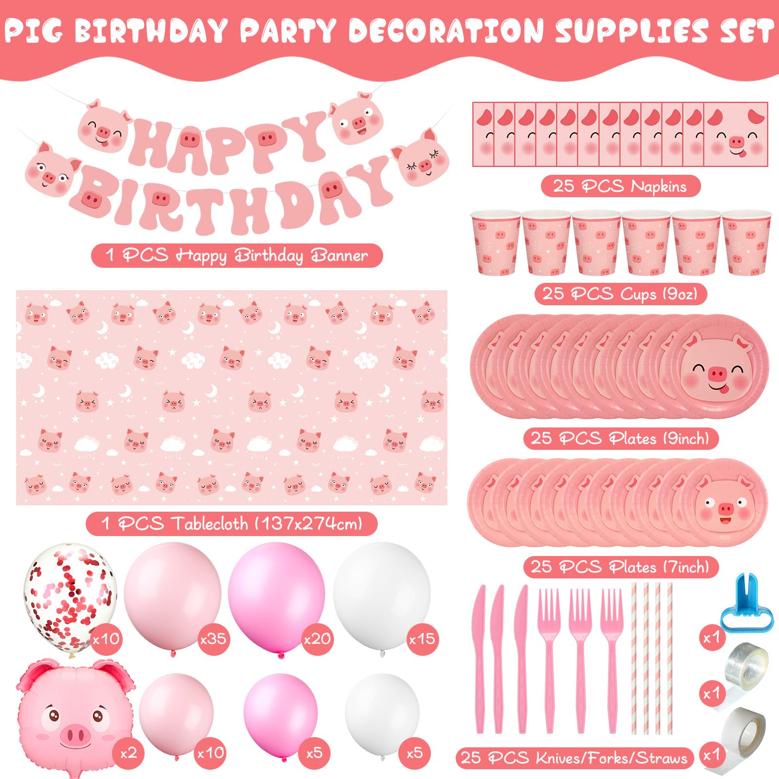 Lenwen Pig Birthday Decorations Pig Party Favors Include Pig Tableware Set Pig Farm Animal Birthday Banner Piggy Latex Balloons Pigs Themed Dinnerware Pink Pig Table Cloths for Kitchen Home Kids