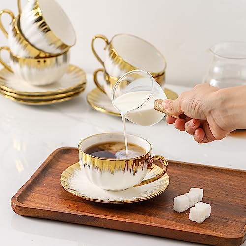 LETAOTAO Cappuccino Cups with Saucers, Ceramic Coffee Cup with Gold Trim, 6 oz for Double Espresso, Latte, Cafe Mocha, Tea,Set of 6，White