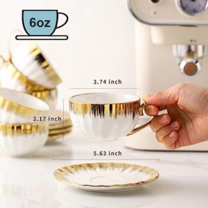 LETAOTAO Cappuccino Cups with Saucers, Ceramic Coffee Cup with Gold Trim, 6 oz for Double Espresso, Latte, Cafe Mocha, Tea,Set of 6，White