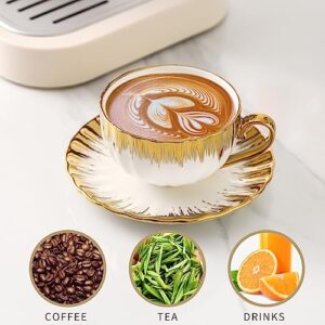 LETAOTAO Cappuccino Cups with Saucers, Ceramic Coffee Cup with Gold Trim, 6 oz for Double Espresso, Latte, Cafe Mocha, Tea,Set of 6，White