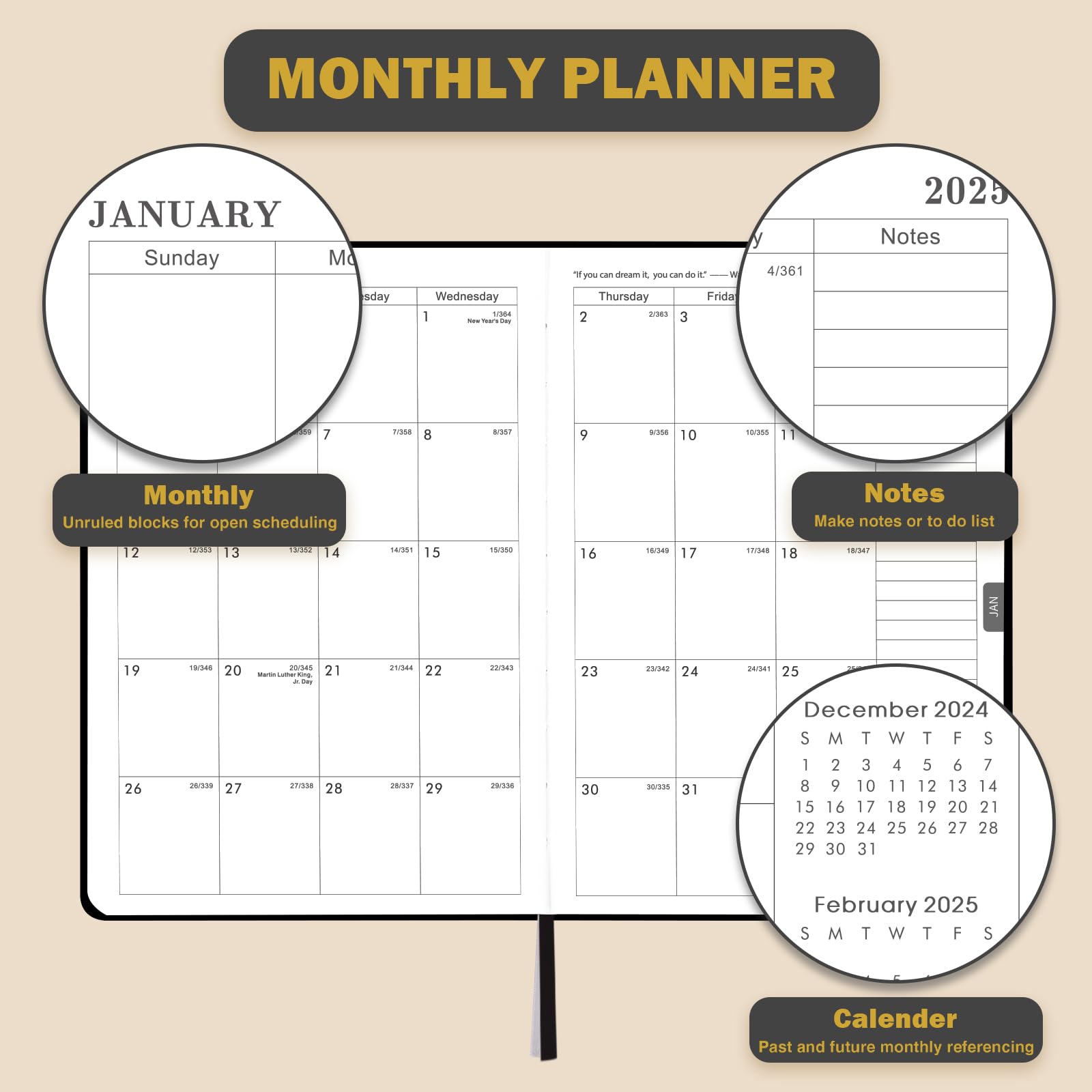 2024-2025 Planner - Planner 2024-2025, Jul.2024 - Jun.2025, 8.25" x 5.75", 2024-2025 Planner Weekly & Monthly with Tabs, Holidays, Daily Organizer - Classic Black