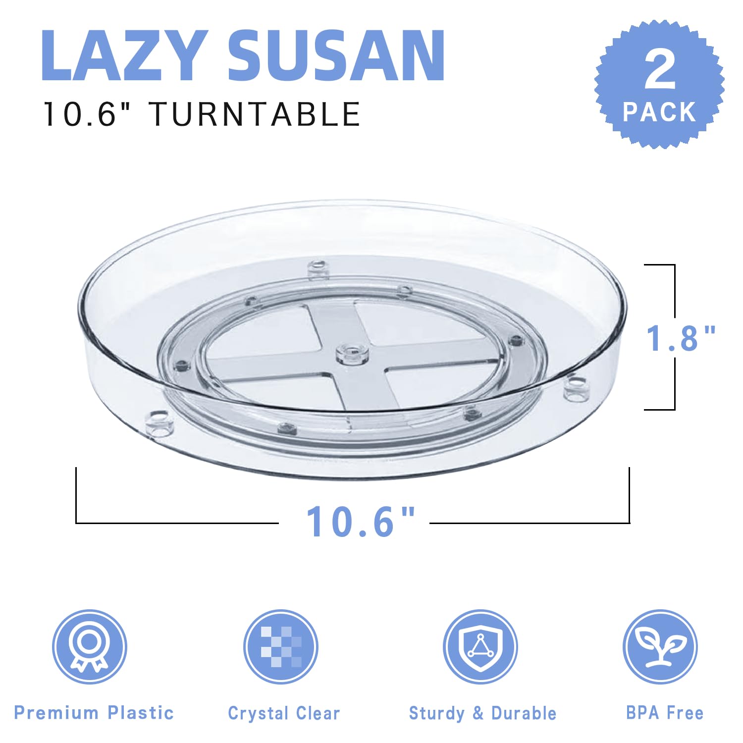 2 Pack | 10.6" SissiJohoy Lazy Susan Turntable Organizer for Kitchen Cabinet Pantry Refrigerator Countertop Dresser, Clear