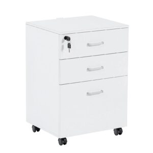 qdssdeco 3 drawer mobile file cabinet, rolling vertical filing cabinet fits a4, legal paper and letter paper for home office, white with lock
