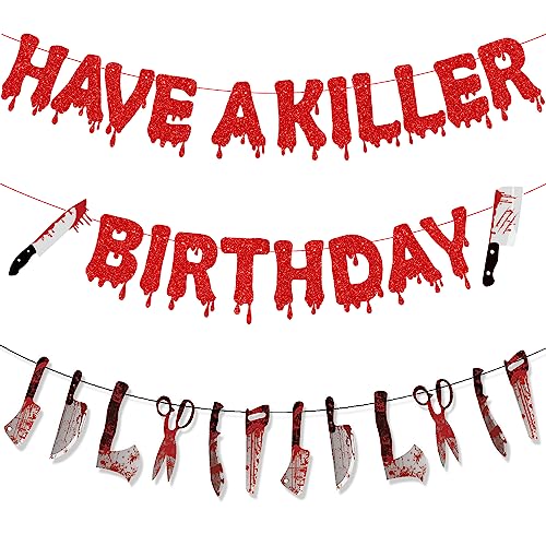 Cheerdecor Halloween Birthday Party Decorations - 3PCS Have a Killer Birthday Banners Red Bloody Horror Happy Birthday Banner Decorations Scary Halloween Birthday Banners Happy Birthday Decorations