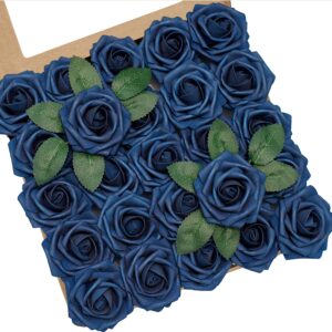 yeeflora artificial flowers, 100pcs artificial rose for diy wedding bouquets centerpieces arrangements, navy blue foam roses with stem for bridal shower party home decorations