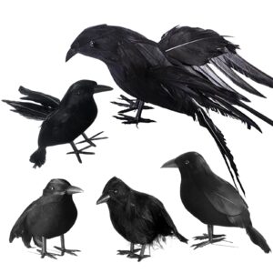 yumhum 5 packs real feathered halloween black crows, handmade realistic crow with real feathers raven birds for yard tree garden patio indoor outdoor halloween decorations