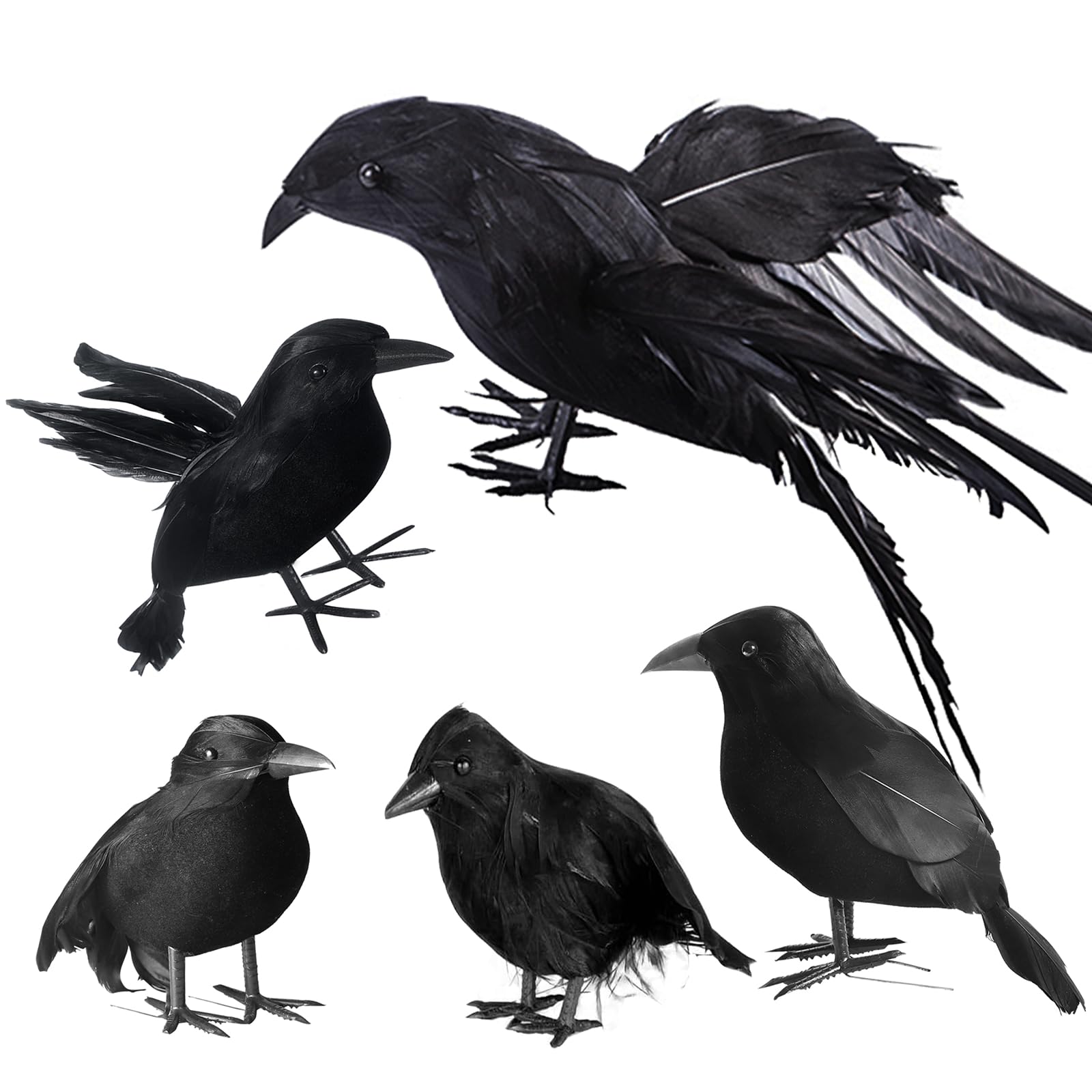 yumhum 5 Packs Real Feathered Halloween Black Crows, Handmade Realistic Crow with Real Feathers Raven Birds for Yard Tree Garden Patio Indoor Outdoor Halloween Decorations