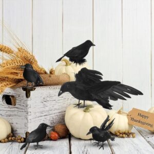 yumhum 5 Packs Real Feathered Halloween Black Crows, Handmade Realistic Crow with Real Feathers Raven Birds for Yard Tree Garden Patio Indoor Outdoor Halloween Decorations