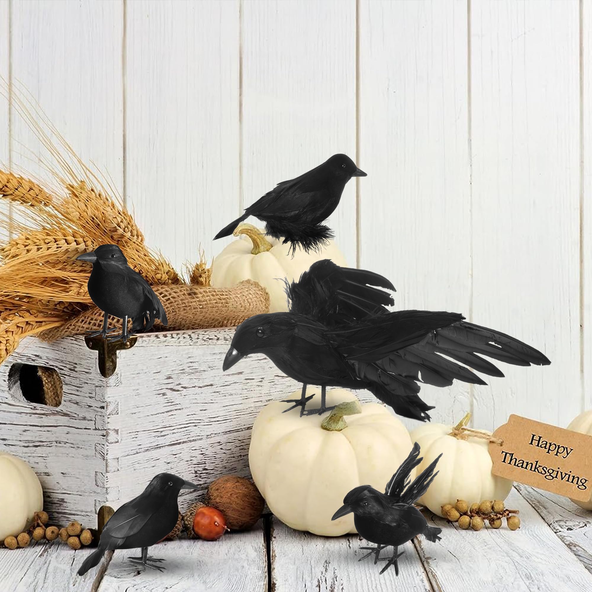 yumhum 5 Packs Real Feathered Halloween Black Crows, Handmade Realistic Crow with Real Feathers Raven Birds for Yard Tree Garden Patio Indoor Outdoor Halloween Decorations