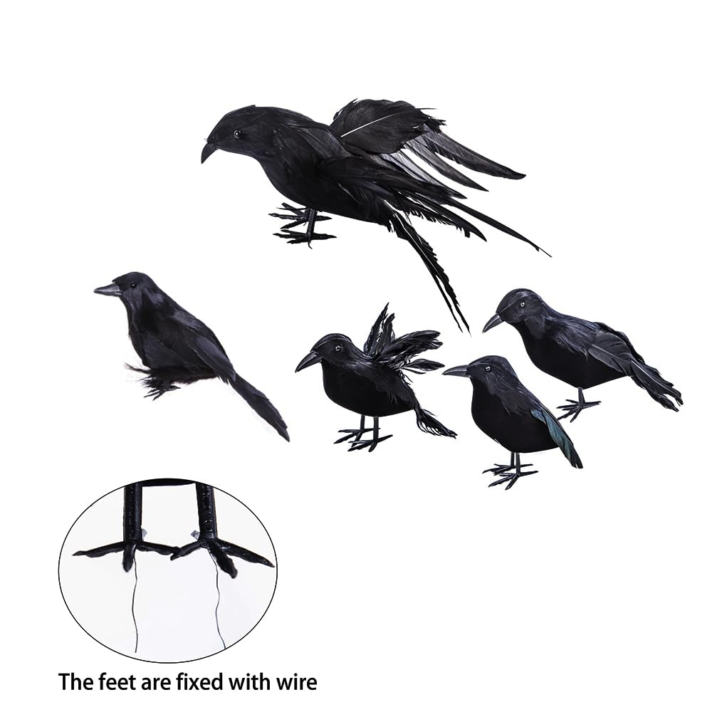 yumhum 5 Packs Real Feathered Halloween Black Crows, Handmade Realistic Crow with Real Feathers Raven Birds for Yard Tree Garden Patio Indoor Outdoor Halloween Decorations
