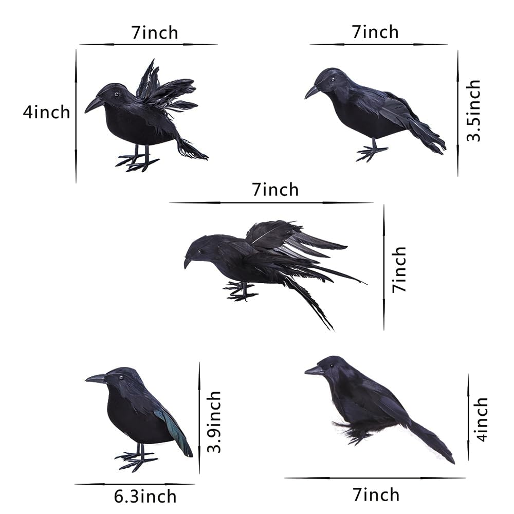 yumhum 5 Packs Real Feathered Halloween Black Crows, Handmade Realistic Crow with Real Feathers Raven Birds for Yard Tree Garden Patio Indoor Outdoor Halloween Decorations