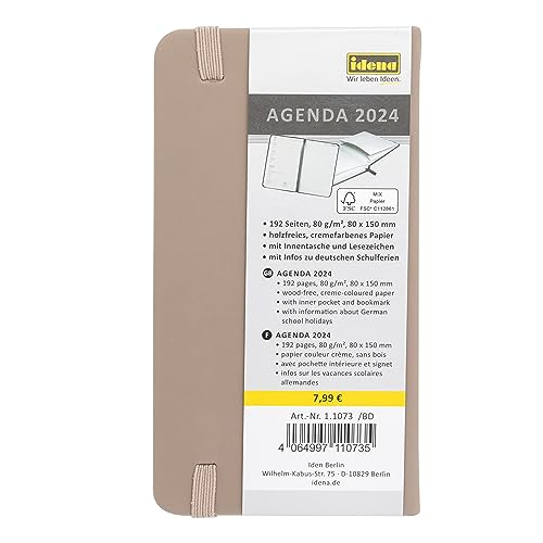 Idena 11073-2024 Diary 80 x 150 mm, Slim Brown, 192 Pages, 1 Week on 1 Page, Agenda, Weekly Planner, Soft Touch Cover