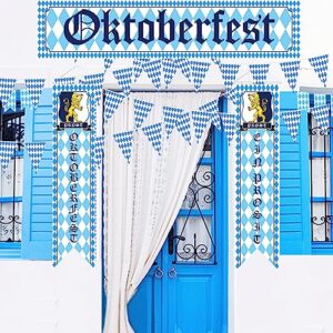 Oktoberfest Decorations Kit Oktoberfest Sign Banner Backdrop Bavarian Check Pennant Flag Porch Sign Welcome Banner White and Blue for German Theme Party Beer Festival Oktoberfest Party Supplies Favors