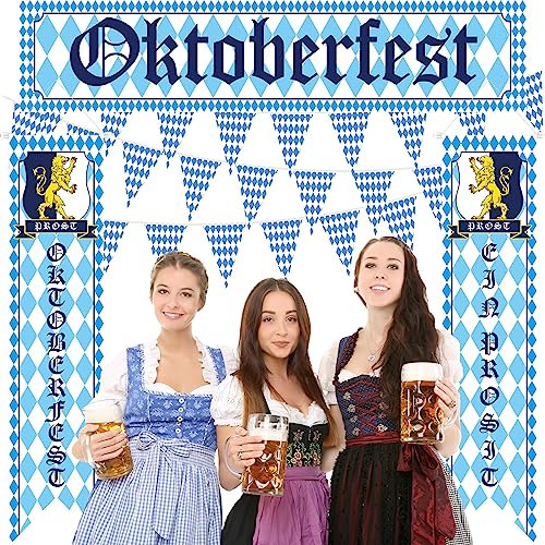 Oktoberfest Decorations Kit Oktoberfest Sign Banner Backdrop Bavarian Check Pennant Flag Porch Sign Welcome Banner White and Blue for German Theme Party Beer Festival Oktoberfest Party Supplies Favors