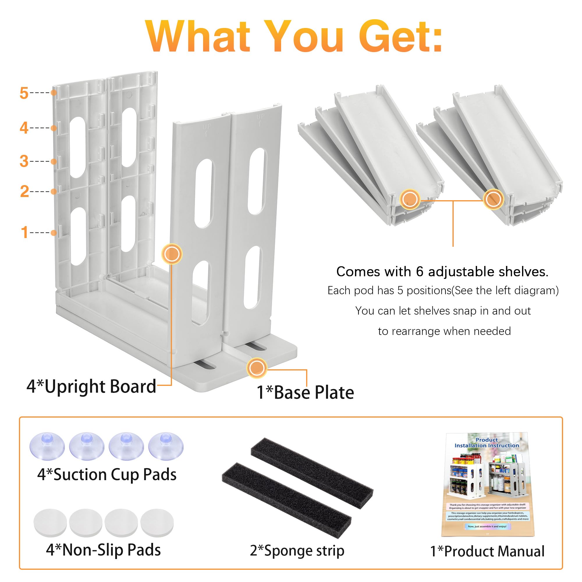 Dutiplus Pull-Out & Rotate Spice Rack Kitchen Cabinet Organizer 2 Three-Decker Shelves Snap-in ABS Shelves Adjustable Storage (10.8”H x 5.8”W x 10.4”D) (High-Grade Gray)