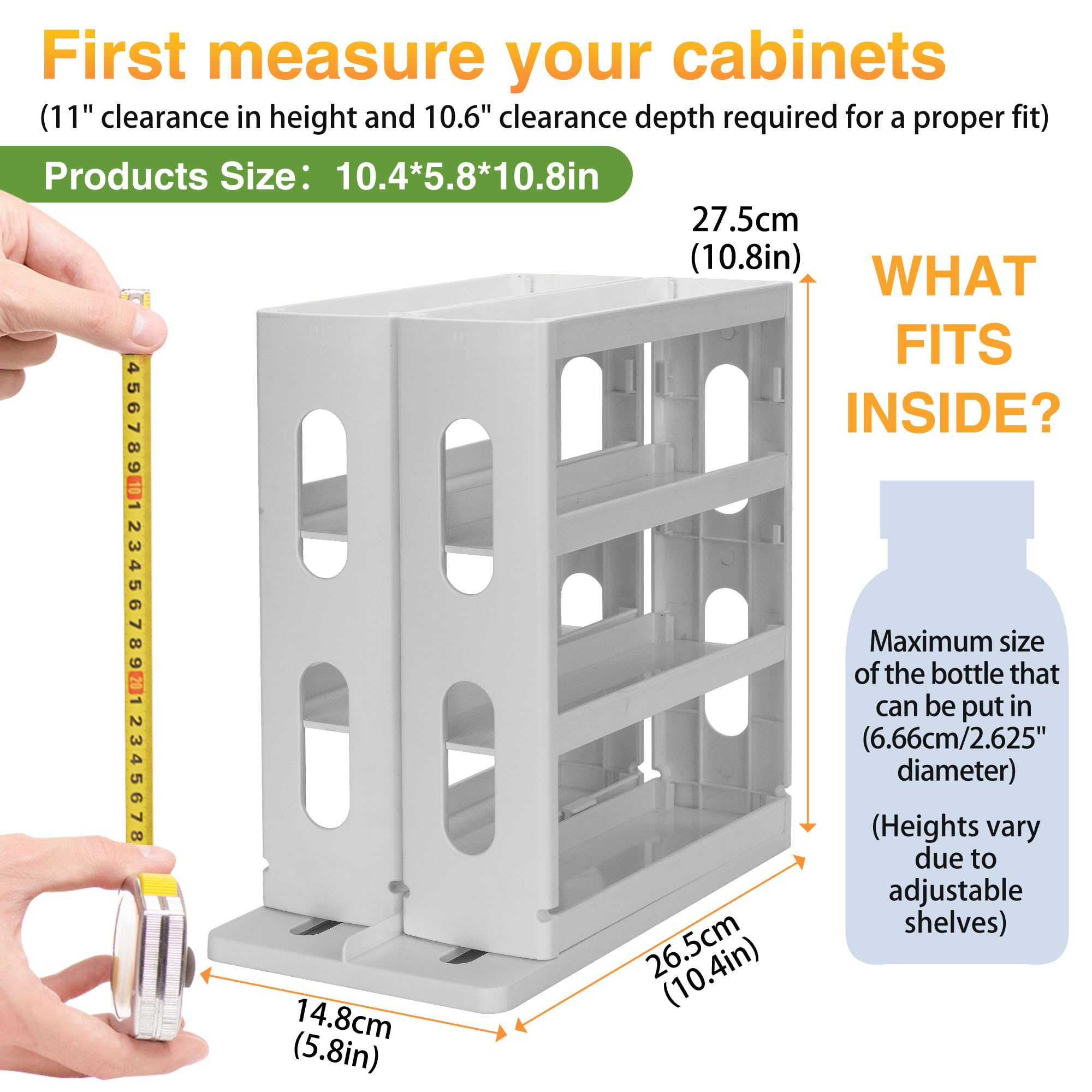 Dutiplus Pull-Out & Rotate Spice Rack Kitchen Cabinet Organizer 2 Three-Decker Shelves Snap-in ABS Shelves Adjustable Storage (10.8”H x 5.8”W x 10.4”D) (High-Grade Gray)