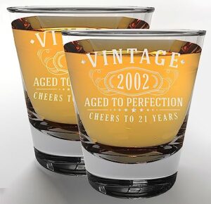 vintage 2002 etch 1.75oz 2pk shot glass – happy 21st birthday gifts for him, 21 st birthday her, 21 year old party decorations favors, best small gift ideas male female turning 21 1.0 (2 pack)