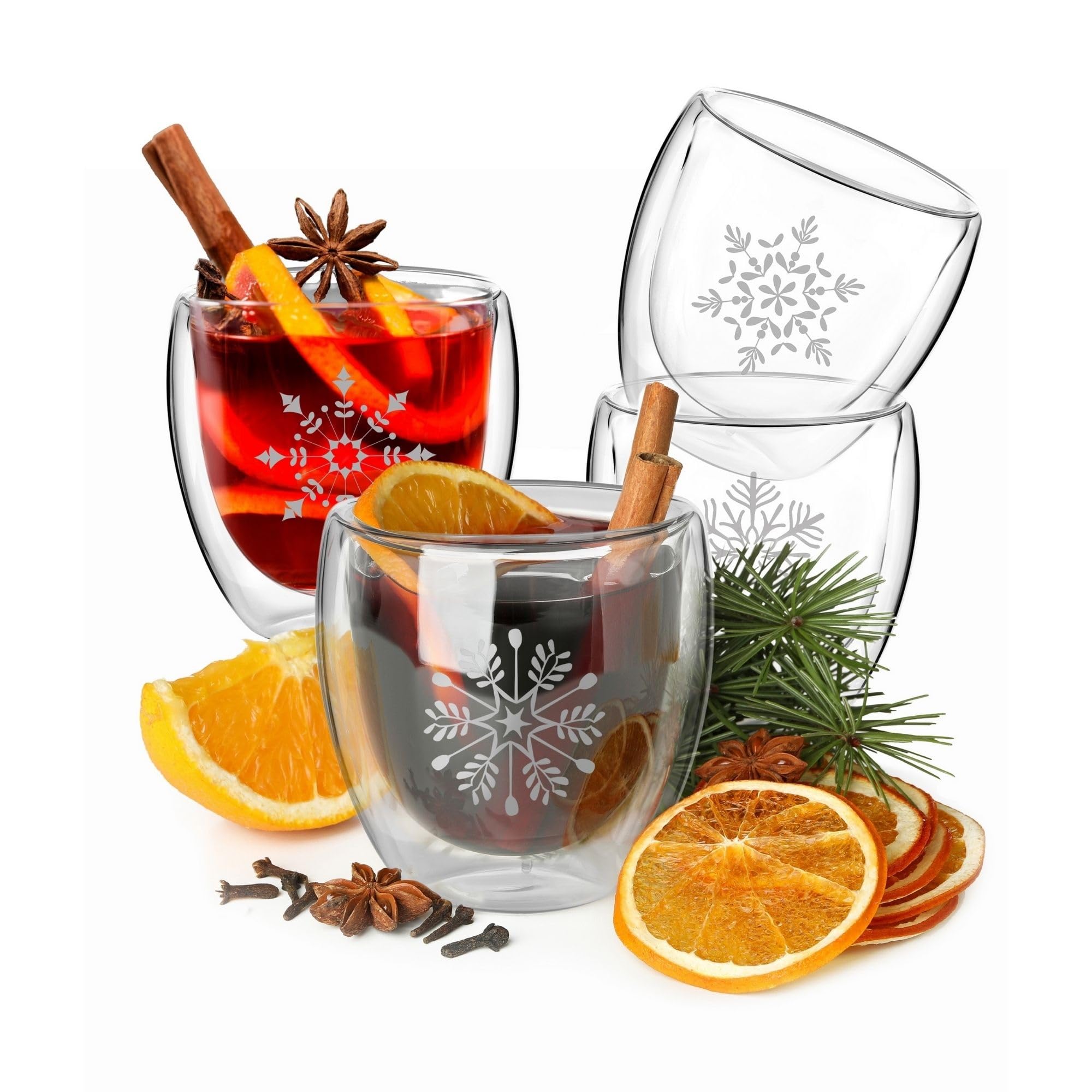 Wrenbury Mulled Wine Glasses Snowflake 7.7oz - Set of 4 Hot Toddy Mugs - Boroscilicate Double Walled Glasses - Insulated for Winter Christmas Drinks - Gluhwein Egg Nog Cups