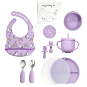 by forev silicone baby feeding set, baby led weaning supplies with suction bowl divided plate, toddler self feeding dish set with spoons forks sippy cup adjustable bib, eating utensils (purple)