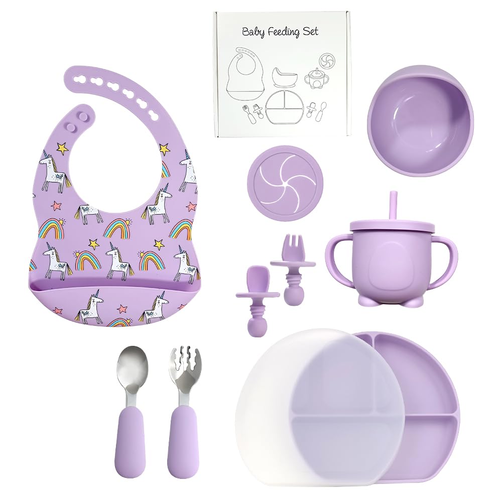 BY FOREV Silicone Baby Feeding Set, Baby Led Weaning Supplies with Suction Bowl Divided Plate, Toddler Self Feeding Dish Set with Spoons Forks Sippy Cup Adjustable Bib, Eating Utensils (Purple)