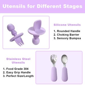 BY FOREV Silicone Baby Feeding Set, Baby Led Weaning Supplies with Suction Bowl Divided Plate, Toddler Self Feeding Dish Set with Spoons Forks Sippy Cup Adjustable Bib, Eating Utensils (Purple)