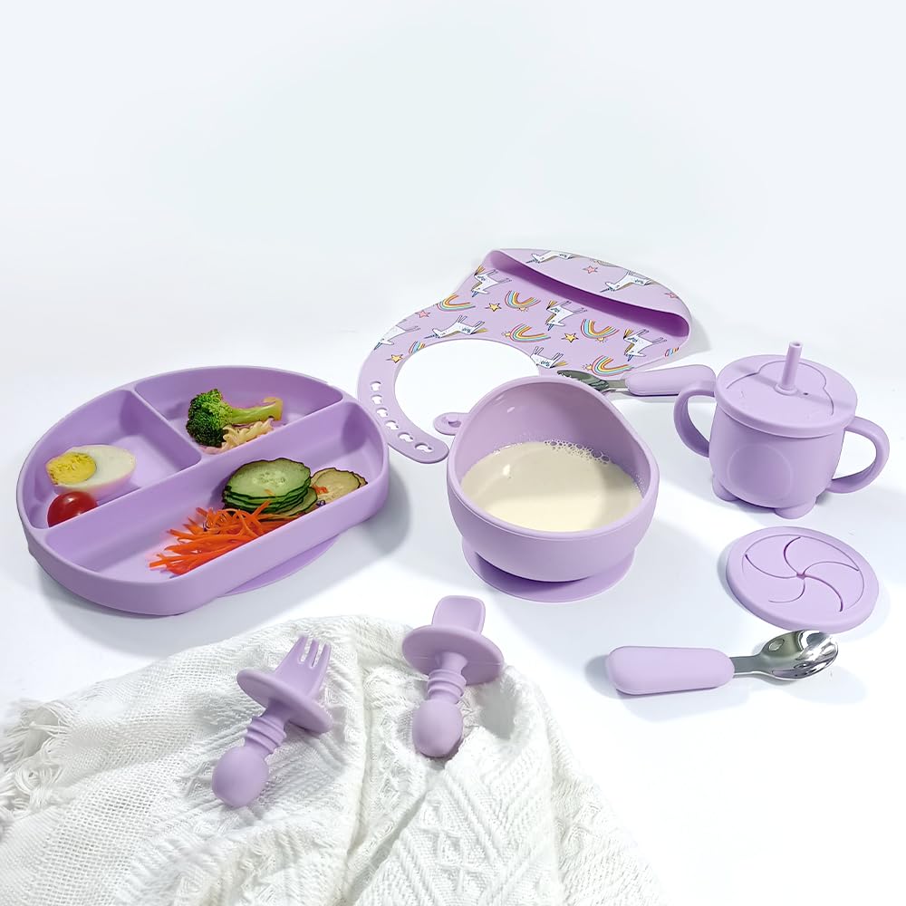 BY FOREV Silicone Baby Feeding Set, Baby Led Weaning Supplies with Suction Bowl Divided Plate, Toddler Self Feeding Dish Set with Spoons Forks Sippy Cup Adjustable Bib, Eating Utensils (Purple)