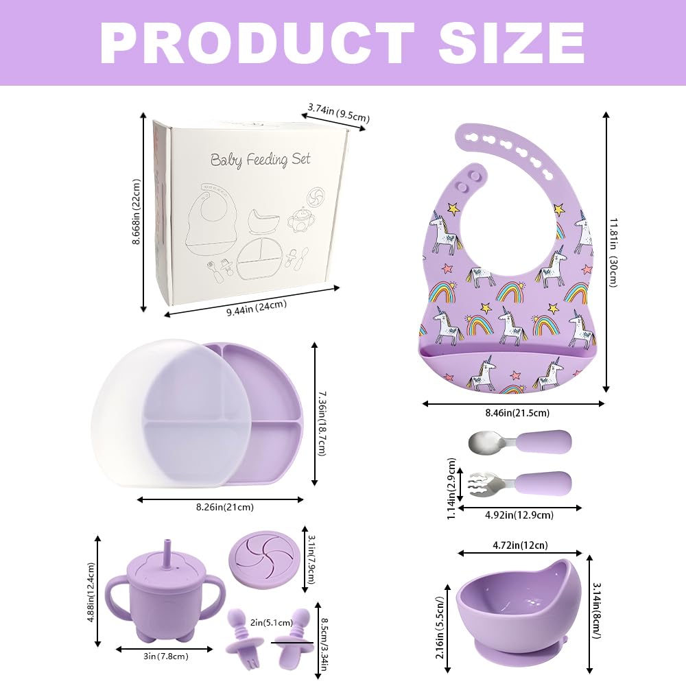 BY FOREV Silicone Baby Feeding Set, Baby Led Weaning Supplies with Suction Bowl Divided Plate, Toddler Self Feeding Dish Set with Spoons Forks Sippy Cup Adjustable Bib, Eating Utensils (Purple)