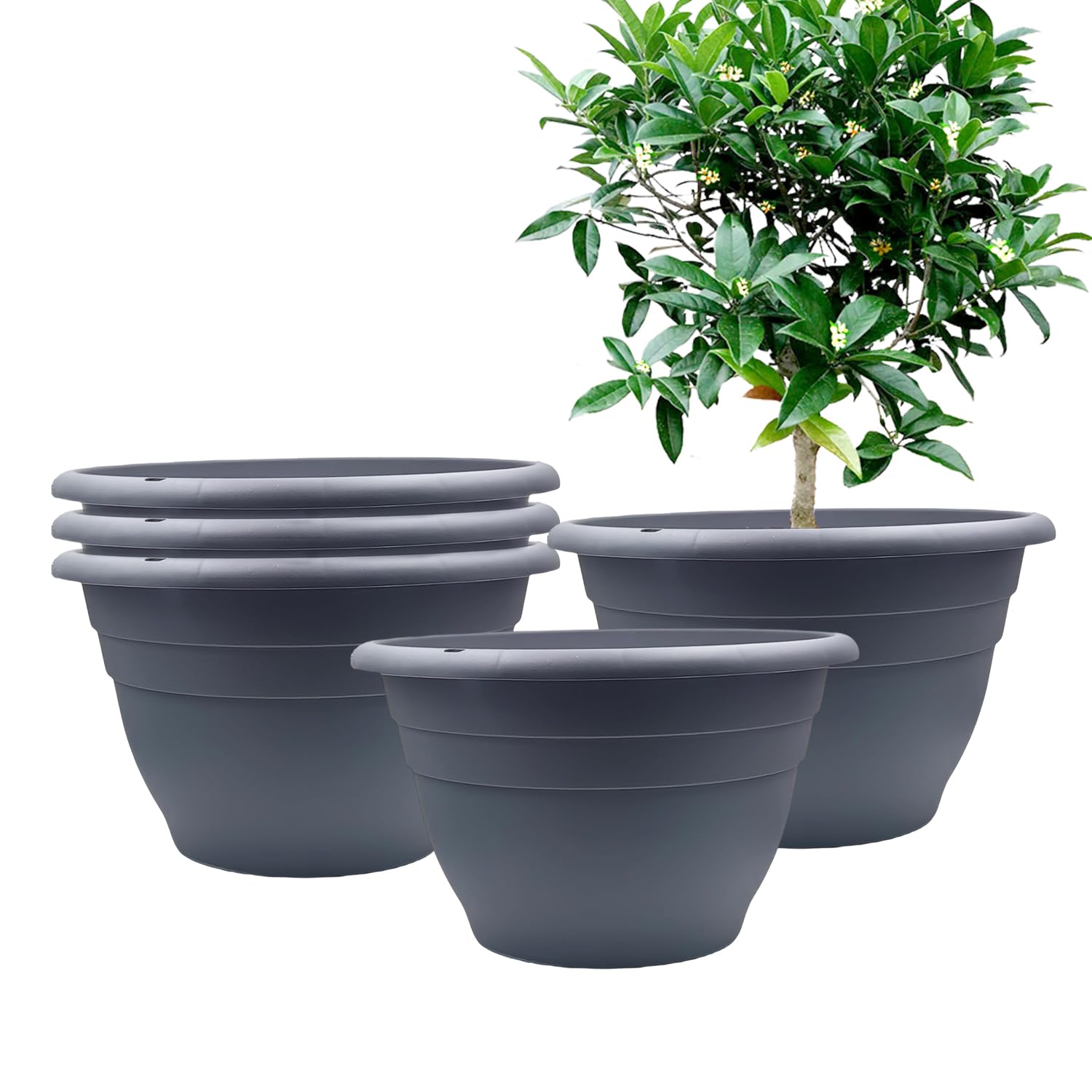 RooTrimmer Plant Pots Set of 5, 10 Inch Round Flower Pots, Thickened Plant Planters with Drainage Holes, Garden Pots for Indoor Outdoor (Dark Gray)