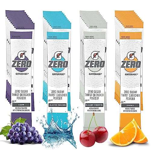 G Zero Powder Packets Variety Pack, Pack of 40, 4 Flavors of 0.10oz Sugar free Hydration Drink Mix, 10pcs Each of G Zero Orange, Glacier Cherry, Glacier Freeze, and Grape