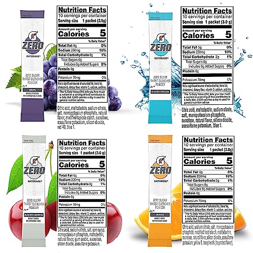 G Zero Powder Packets Variety Pack, Pack of 40, 4 Flavors of 0.10oz Sugar free Hydration Drink Mix, 10pcs Each of G Zero Orange, Glacier Cherry, Glacier Freeze, and Grape