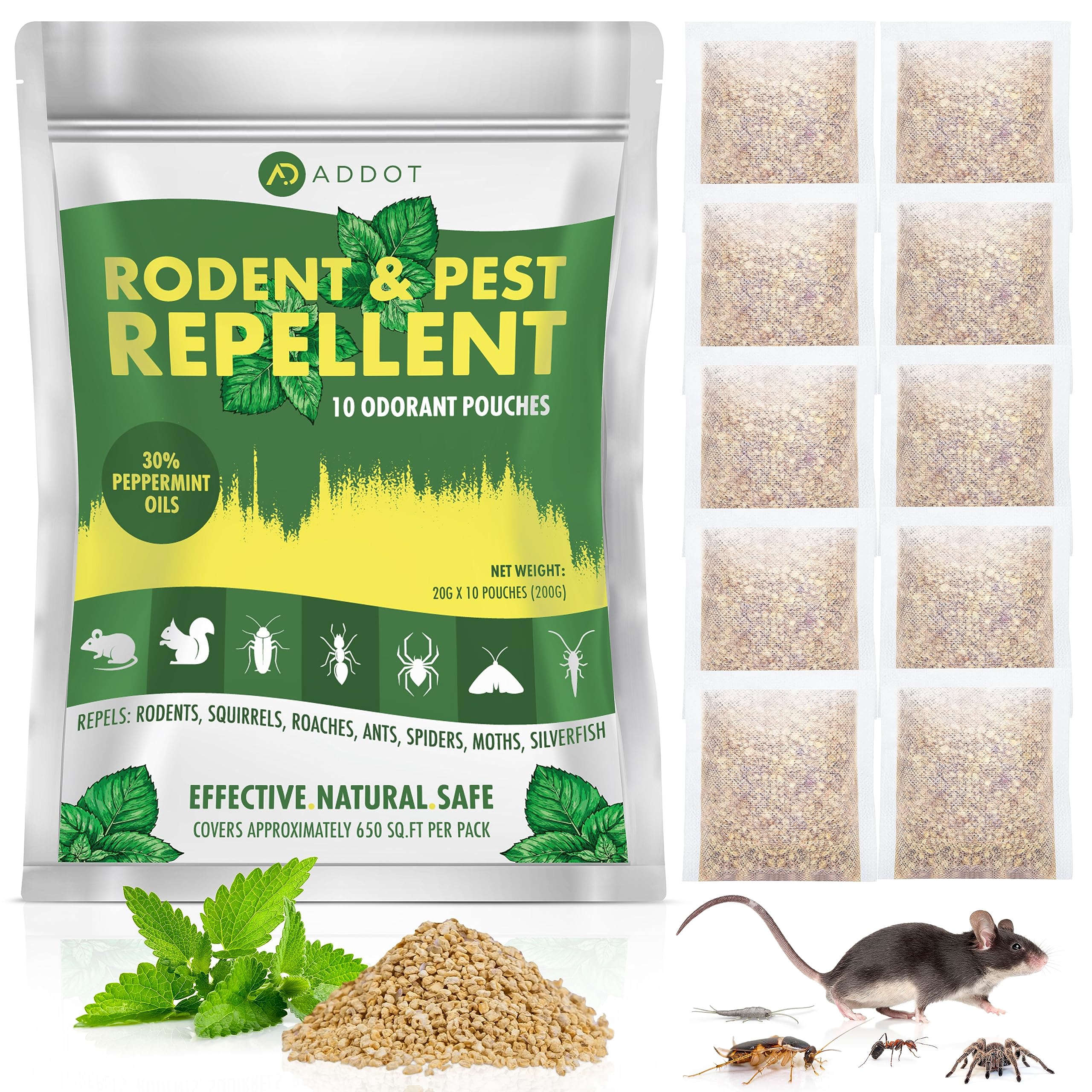 ADDOT Rodent Mouse Repellent Indoor - Powerful Pest Repeller for Mice, Squirrels, Bats, and More - 10 Pack, 30g Effective Peppermint Deterrent for Attic, Garage, RV, Basement, House, and Warehouse,