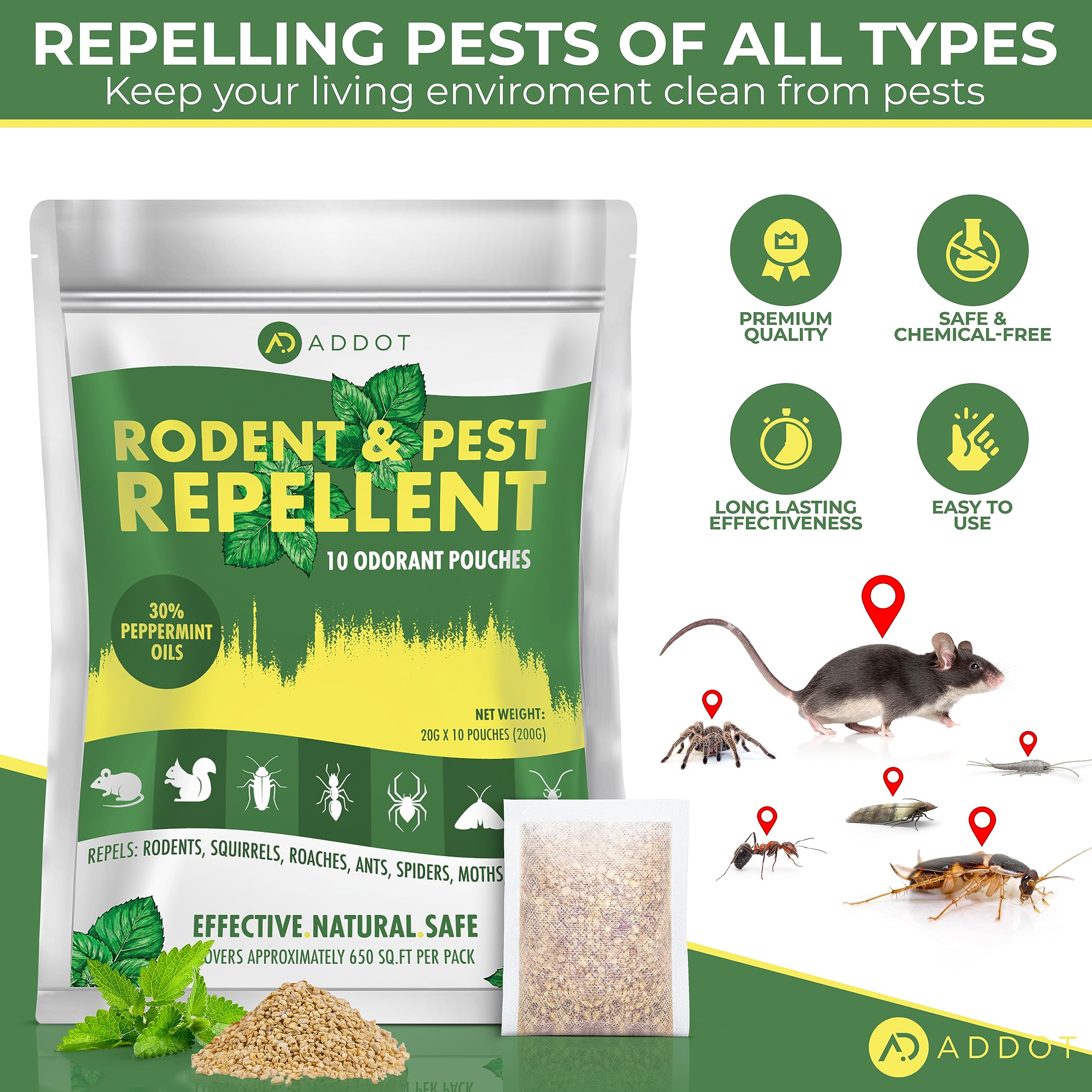 ADDOT Rodent Mouse Repellent Indoor - Powerful Pest Repeller for Mice, Squirrels, Bats, and More - 10 Pack, 30g Effective Peppermint Deterrent for Attic, Garage, RV, Basement, House, and Warehouse,