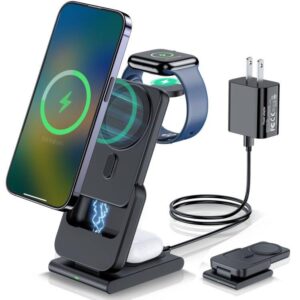3 in 1 wireless charging station,5000mah fast foldable portable charger battery pack usb c power bank for magsafe,for iphone 15 14 13 12 series/apple watch/airpods with 20w charger adapter (black)
