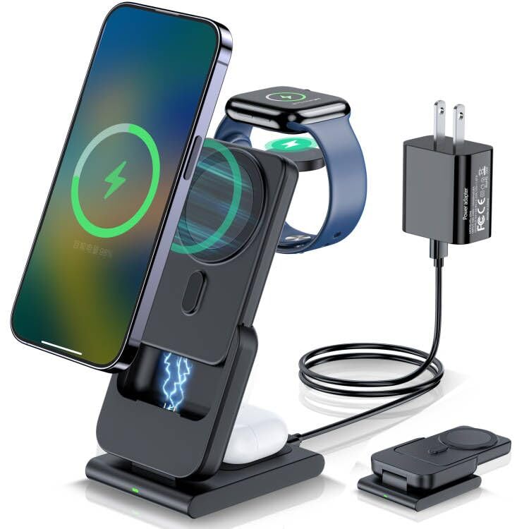 3 in 1 Wireless Charging Station,5000mAh Fast Foldable Portable Charger Battery Pack USB C Power Bank for MagSafe,for iPhone 15 14 13 12 Series/Apple Watch/Airpods with 20W Charger Adapter (Black)