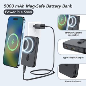 3 in 1 Wireless Charging Station,5000mAh Fast Foldable Portable Charger Battery Pack USB C Power Bank for MagSafe,for iPhone 15 14 13 12 Series/Apple Watch/Airpods with 20W Charger Adapter (Black)