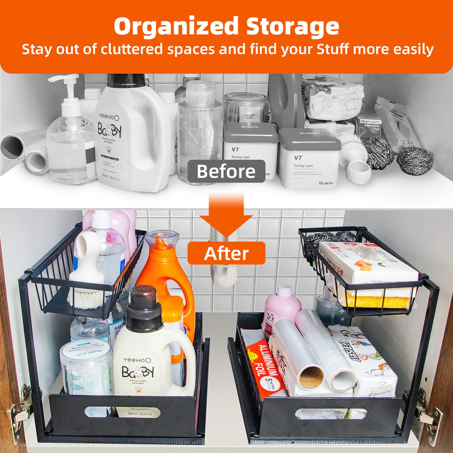 MZUOTU Under Sink Organizer and Storage, 2 Tier Pull Out Cabinet Organizer Sliding Shelf Cabinet Storage Multi-Use Slide L-Shape Under Sink Cabinet Drawer Organizer for Kitchen Bathroom